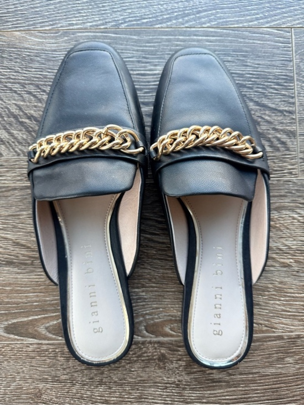 Gianni Bini Black Leather Slip-on Mules with Gold Chain Accent